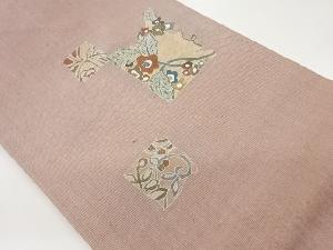 手織り紬銀通し金駒刺繍変わり色紙に花葉模様名古屋帯